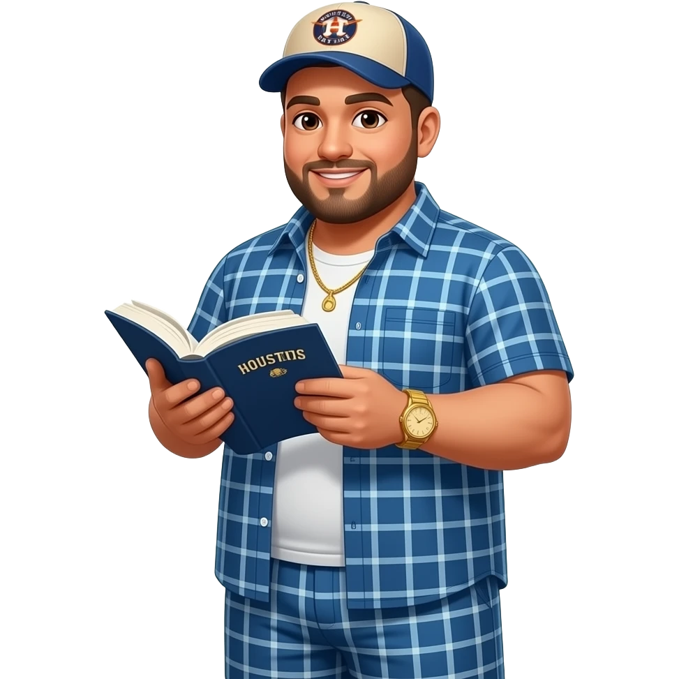 Chubby man with light honey skin tone with lightly shaved black beard and brown eyeswearing a blue button up short sleeve shirt with matching shorts with square pattern design wearing a beige Huston Astros logo baseball cap wearing a gold watch wearing a gold tennis necklace reading the Bible emoji