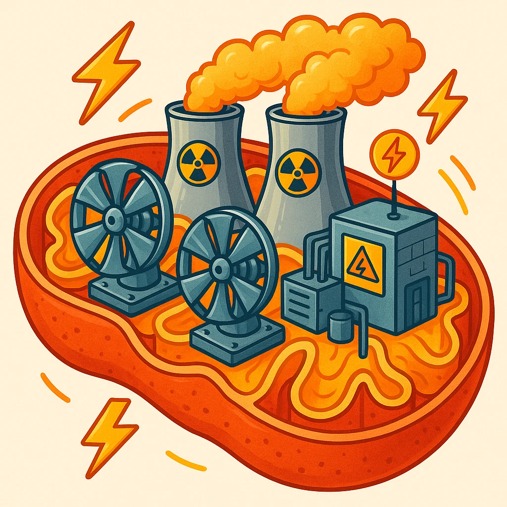 only mitochondria-nuclear power plant: turbines, reactors, energy symbols, no organs or foreign elements, illustrative style, vibrant colors, light background emoji