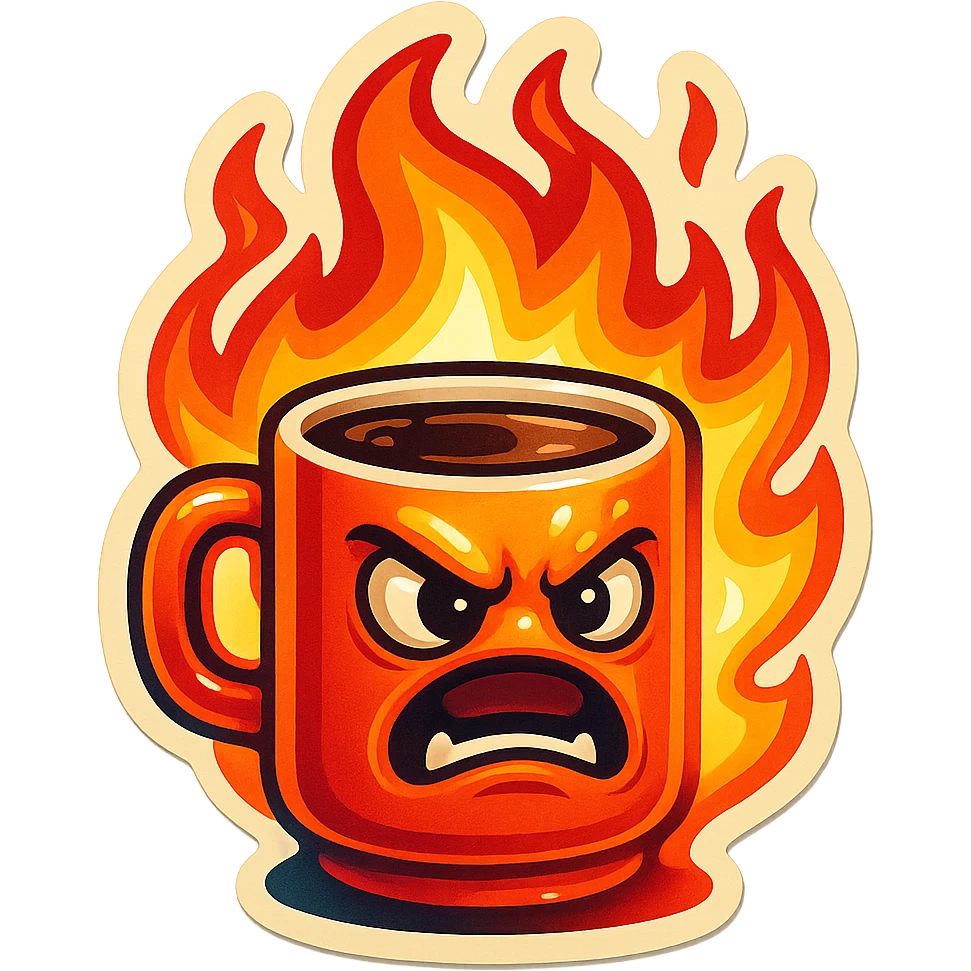 coffee creature, angry and on fire emoji