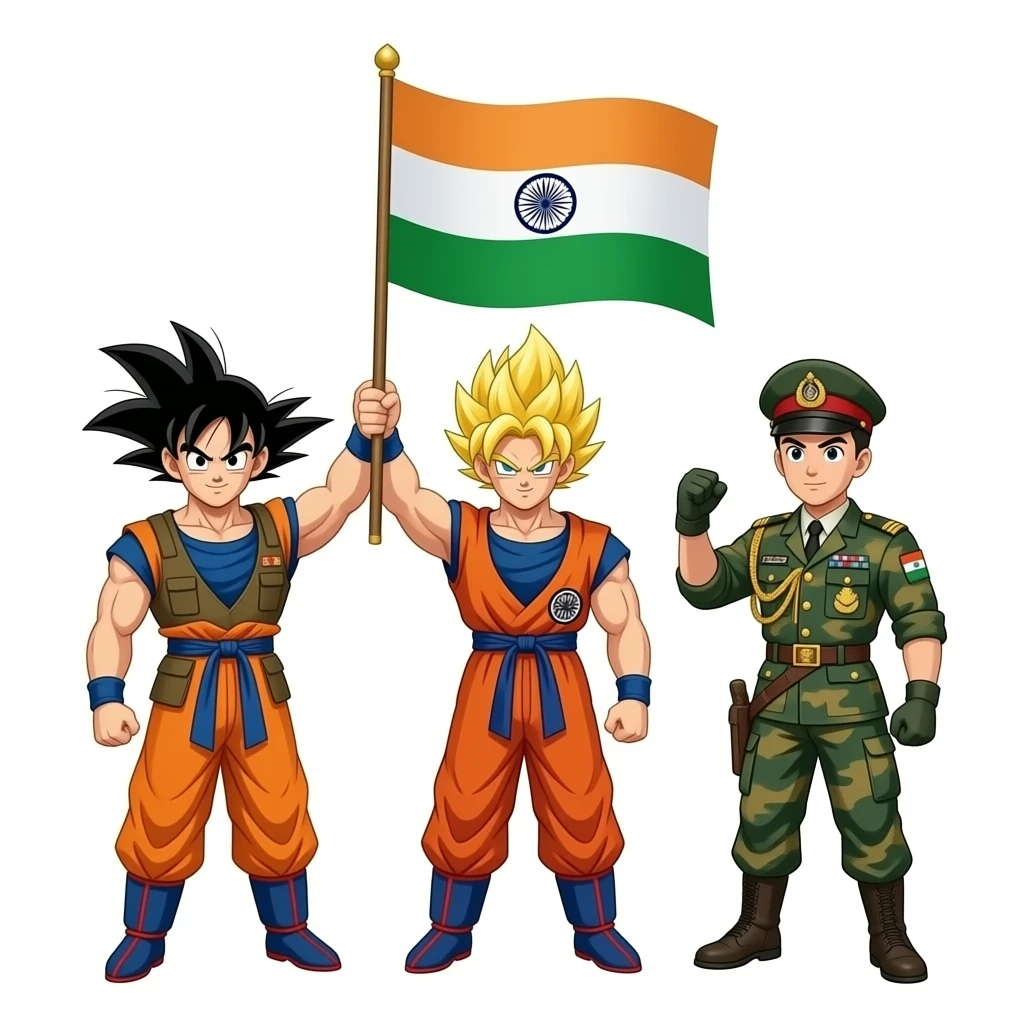 Goku vegeta android 17 from dragon Ball super All three military general has hoisted the Indian flag in Siachen glacier emoji