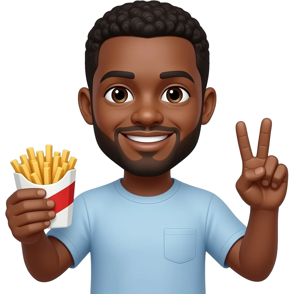 Black Man emoji holding fries in one hand and peace sign with the right hand emoji