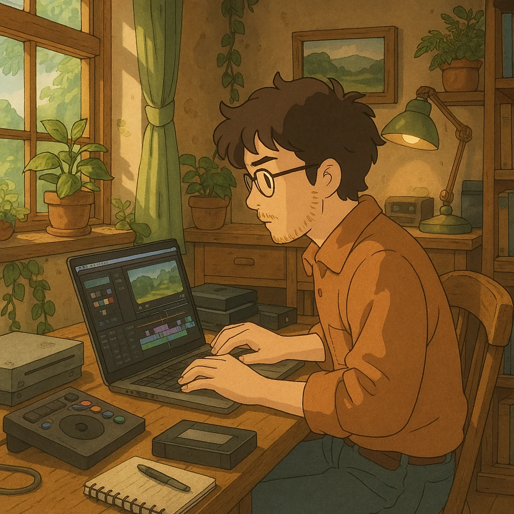 a man sitting at a table editing videos, ghibli style emoji