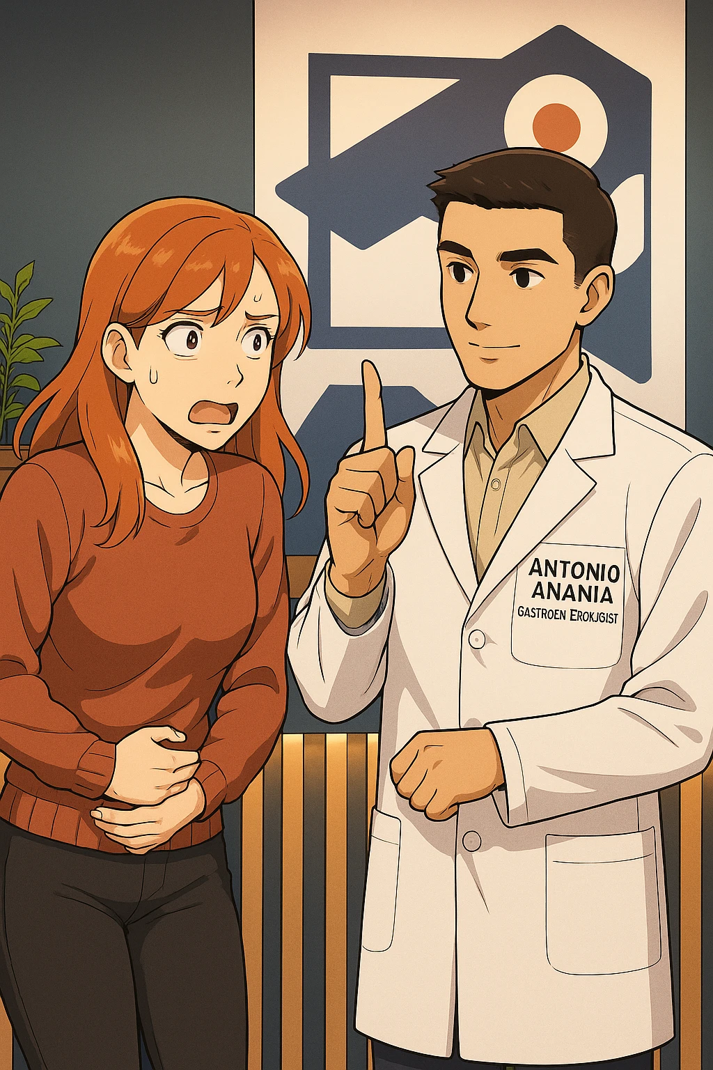 su questo stile fai un manga/webtoon a colori in cui una donna PREOCCUPATA FA UNA DOMANDA ALL'UOMO, l'uomo della foto in stile manga LE DICE DI "NO" CON IL DITO, mantieni un ambiente simile alla foto che ho allegato con il suo logo (sarebbe il suo studio, lui è un kinesiologo), scrivigli "ANTONIO ANANIA" sul camice bianco, non mettere fumetti, ma fai in modo che sembri che la donna CHIEDA ALLARMATA E L'UOMO LA TRANQUILLIZZI emoji