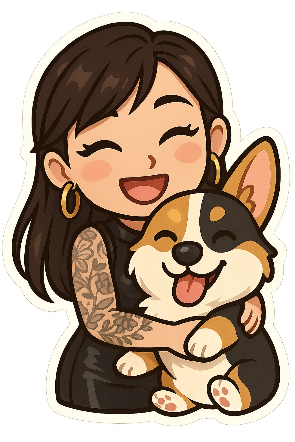 expressive emoji of an Asian girl wearing a black sleeveless leather dress with gold earrings, long hair with wispy deep side-parted bangs, false lashes, and a 3/4th sleeve tattoo on her left arm, hugging a happy tri-color Corgi, chibi stickers style emoji
