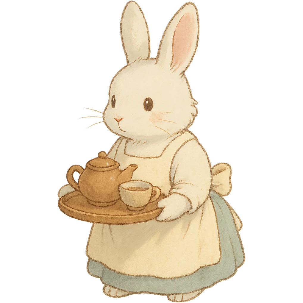 white bunny in apron holding tea tray, soft ghibli style emoji