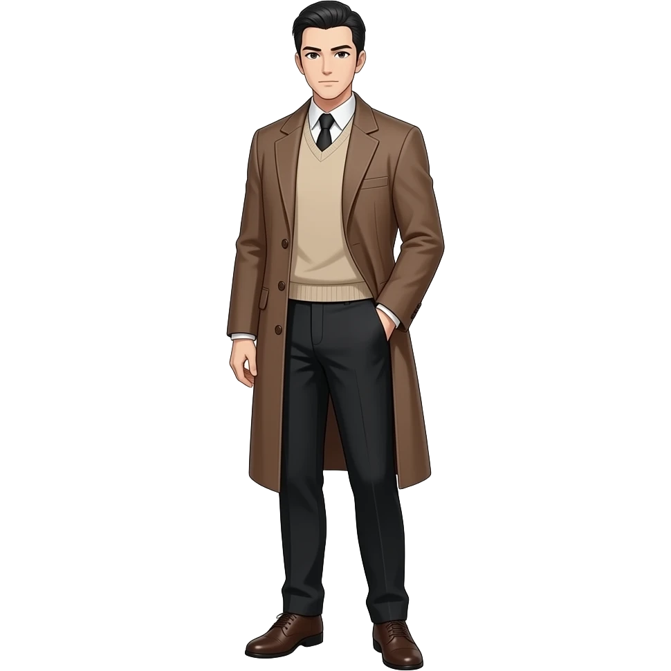 Anime male detective brown dress coat and black dress pants and beige dress sweater slick back black hair very tall full body emoji