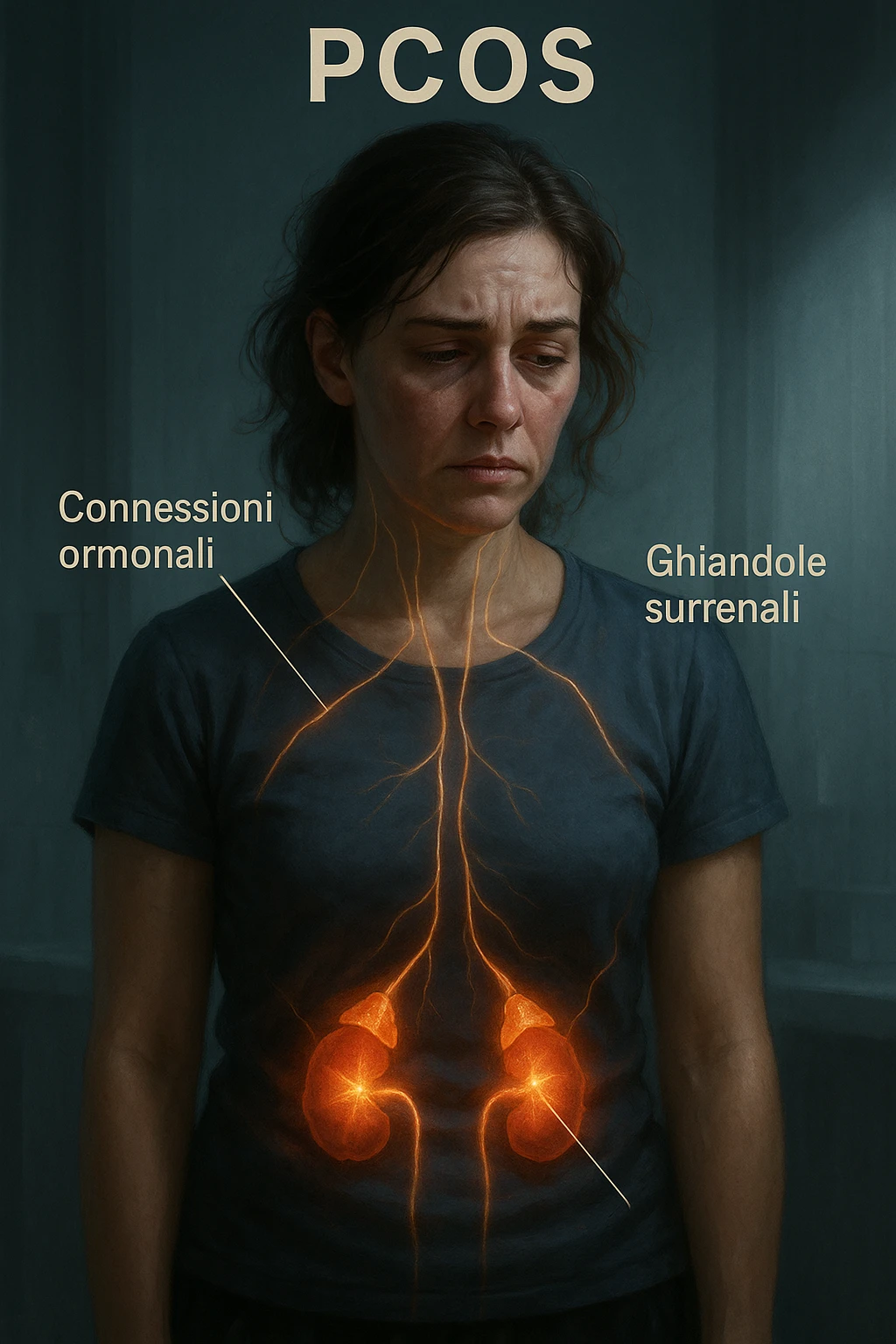 realistic and cinematic vertical illustration of a woman with PCOS (polycystic ovary syndrome), stress originating from adrenal glands, adrenal glands highlighted, hormonal connections visible towards the body and face, face showing signs of stress, Italian captions, clinical atmosphere, dramatic lighting, aspect ratio 2:3 emoji