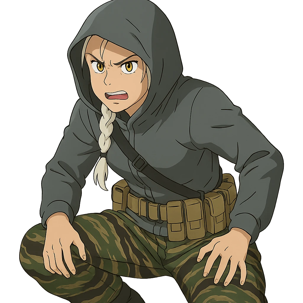 1 female, mid-20's  white hair long braid, gold yellow eyes, gray waterproof tactical shirt hoodie, hood up, single point sling, tan mag pouches on belt rig, tiger stripe camo pants, crouching, angry expression emoji