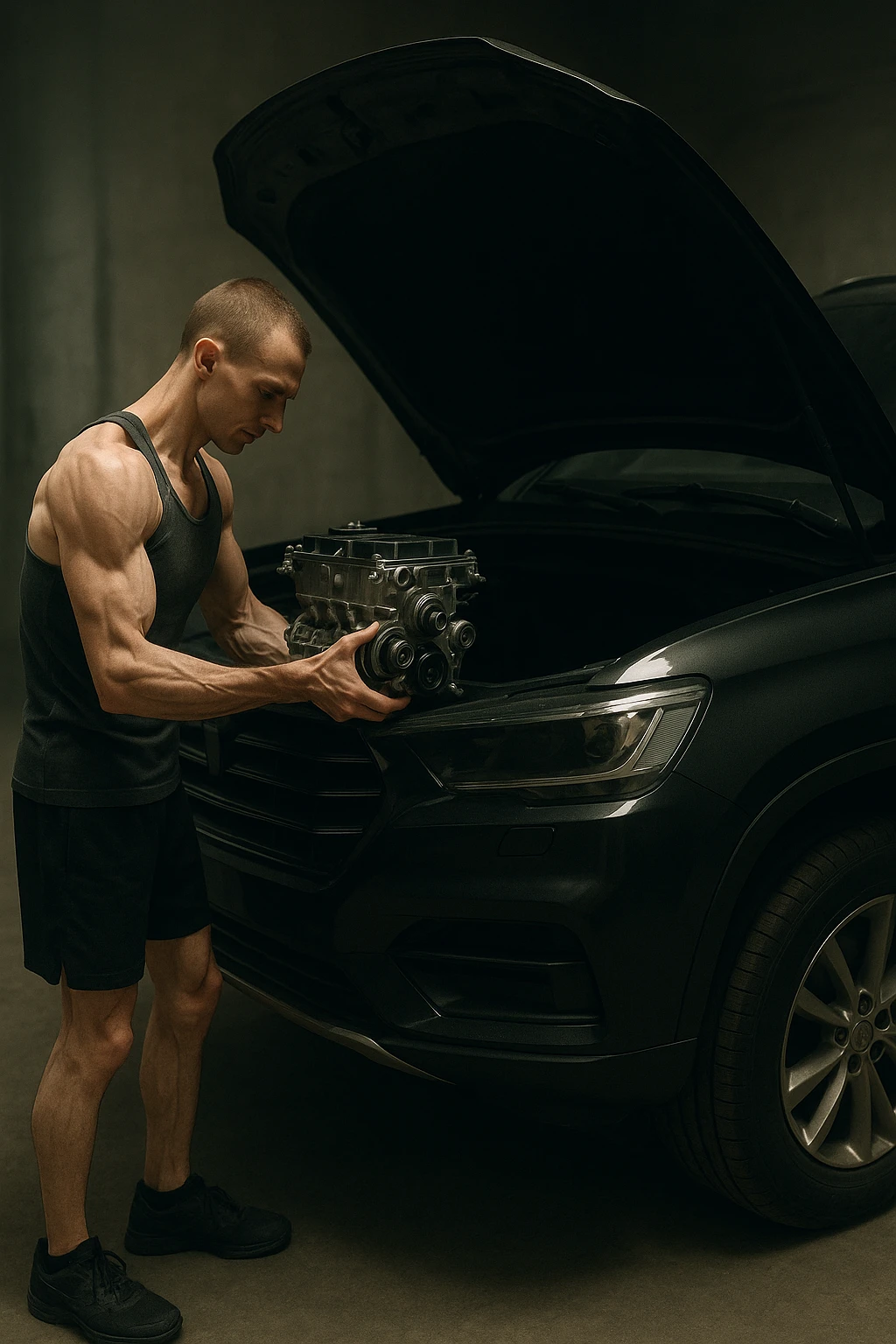 a lean, slimmed-down bodybuilder in gym clothes stands beside a large, imposing car (like an SUV or luxury sedan) with the hood open. Con attenzione e un po’ di fatica, solleva e installa un piccolo motore nel grande vano motore dell’auto. Il contrasto tra la stazza dell’auto e la dimensione ridotta sia del motore che del bodybuilder è evidente. L’atmosfera è riflessiva e simbolica. emoji