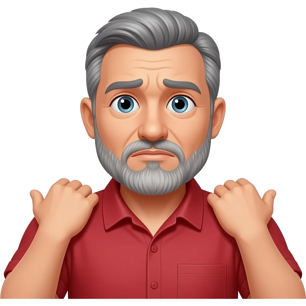 Mid 50’s with gray short hair and gray beard Red shirt shrugging shoulders like I don’t know emoji
