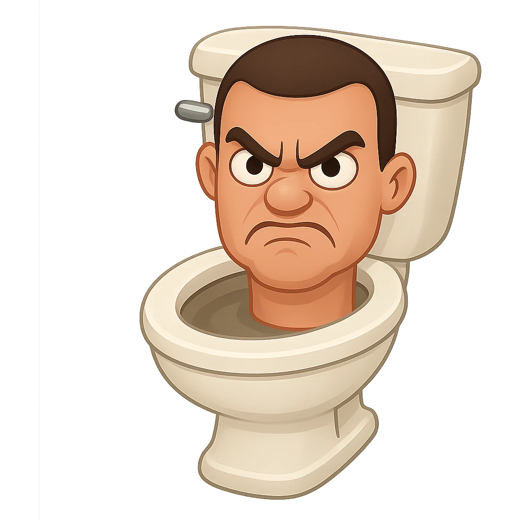 Create an image in the style of apple emojis of a toilet with a cartoonish, exaggerated head emerging from the bowl, looking angry with furrowed brows and a scowl. Use a transparent background. emoji