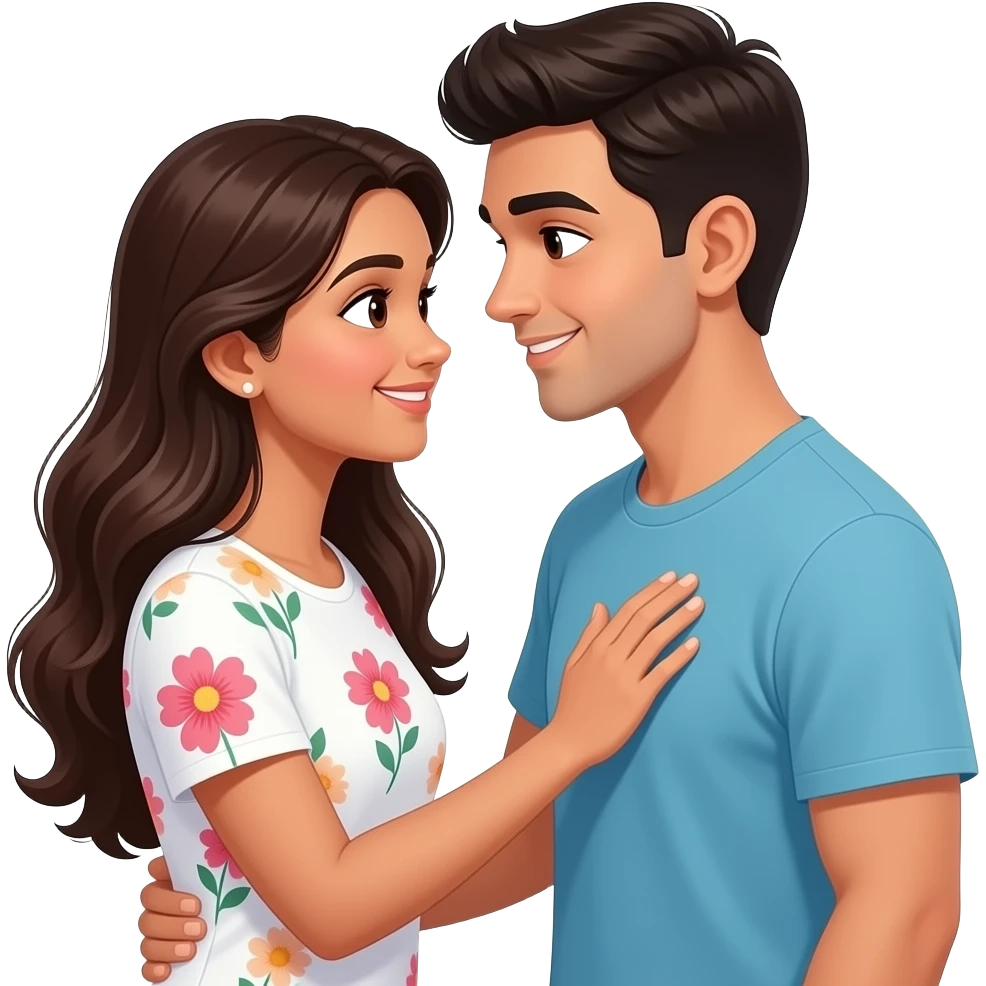 long haired Indian lady in white floral T-shirt holding her hand on boyfriend heart looking at each other lovingly smiling shyly Face to face emoji