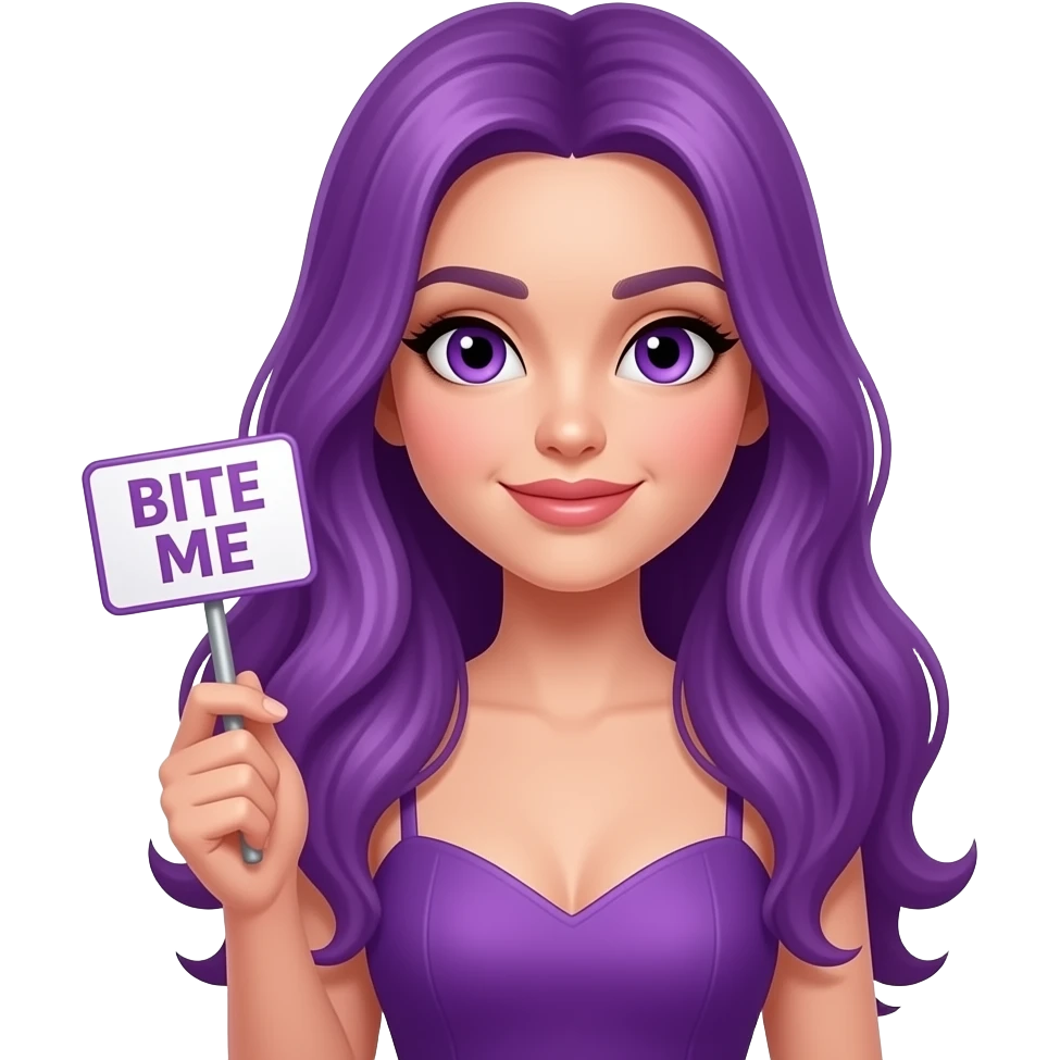 sexy girl with long purple hair and purple eyes wearing a dress holding a BITE ME sign emoji