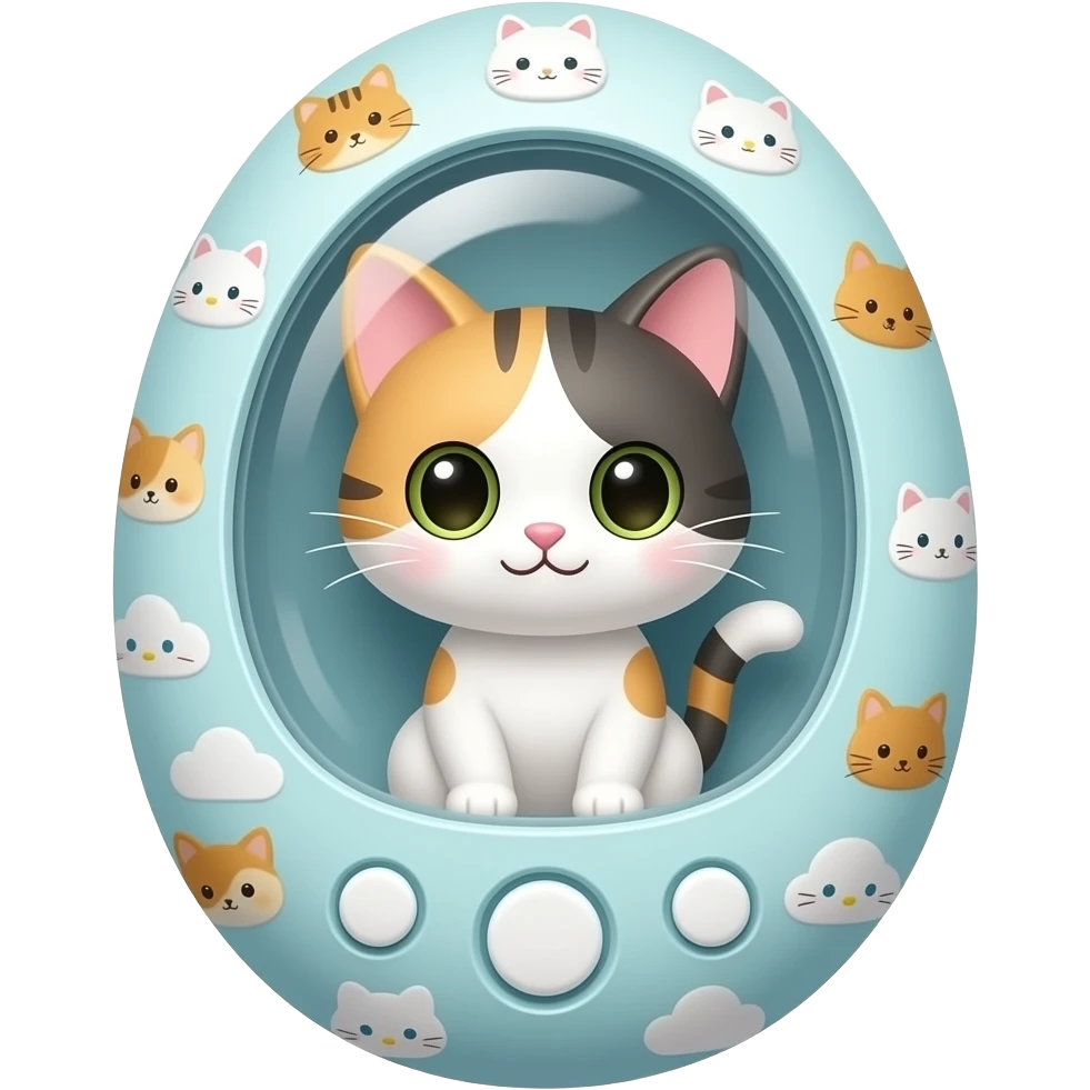 cute little cat that looks like poff and pom from sanrio inside a tamagotchi style virtual pet device, pixel art style emoji