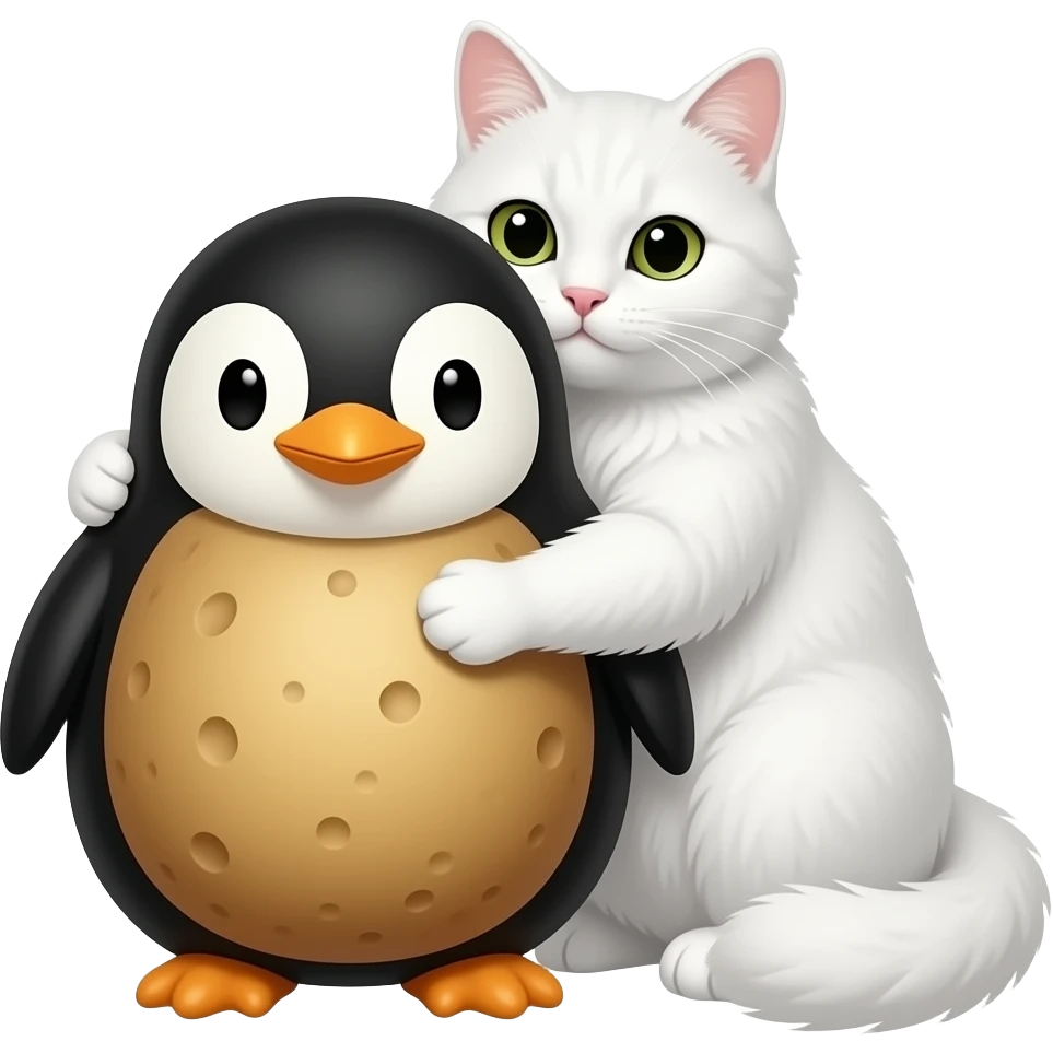 Please make a white-furred cat and a potato that is penguin-shaped next to it. And they hug each other. emoji