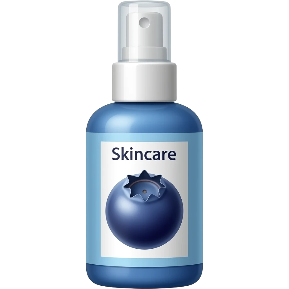 Spray frasco azul para cuidados com a pele com uma estampa com um 🫐 e escrito: Skincare emoji