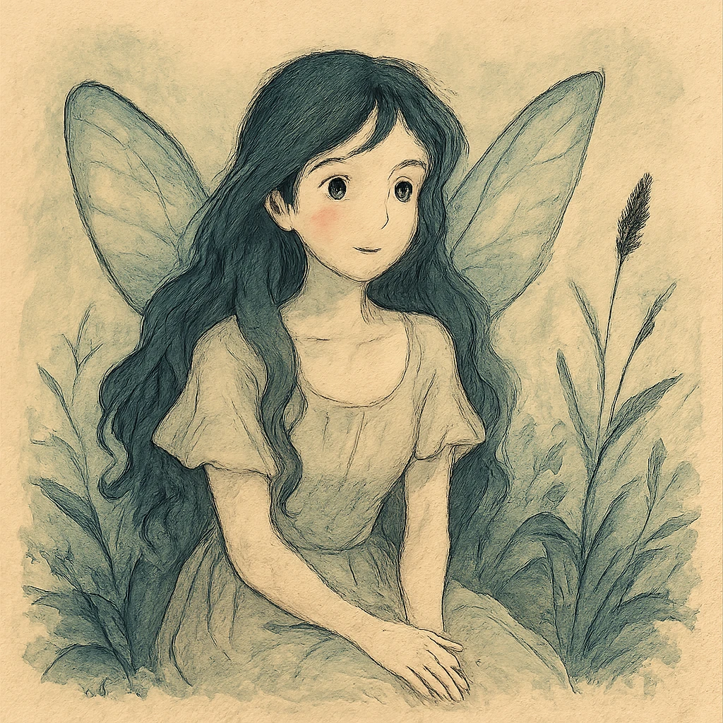 realistic whimsical black, blue and cream, natural colors, soft, fairy-like atmosphere, no background, square size emoji