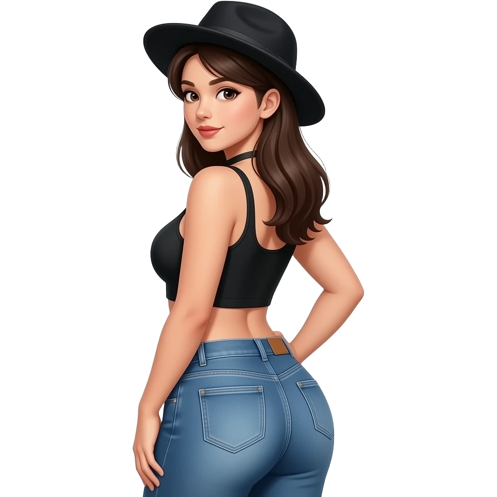 Straight. Hair Pretty sexy girl w/ Big booty n boobs  looking  backwith jeans with black hat emoji
