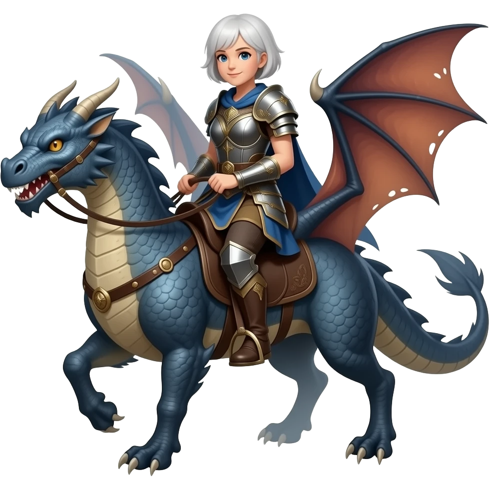 Short white hair older woman warrior riding dragon emoji