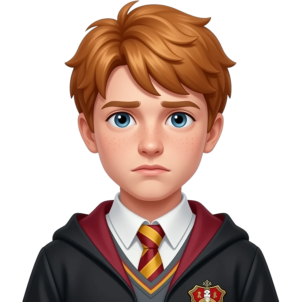 wizard young man, 20-21 years old, ginger hair, light freckles, serious slightly worried expression, wearing school robe and tie, gold and red colors, head-and-shoulders portrait, centered, 3D glossy emoji style, clean background emoji