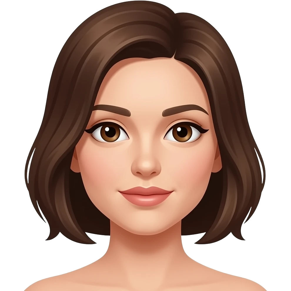 femme cheveux chatains au carré, raie sur le côté droit, yeux marrons, lèvres fines emoji
