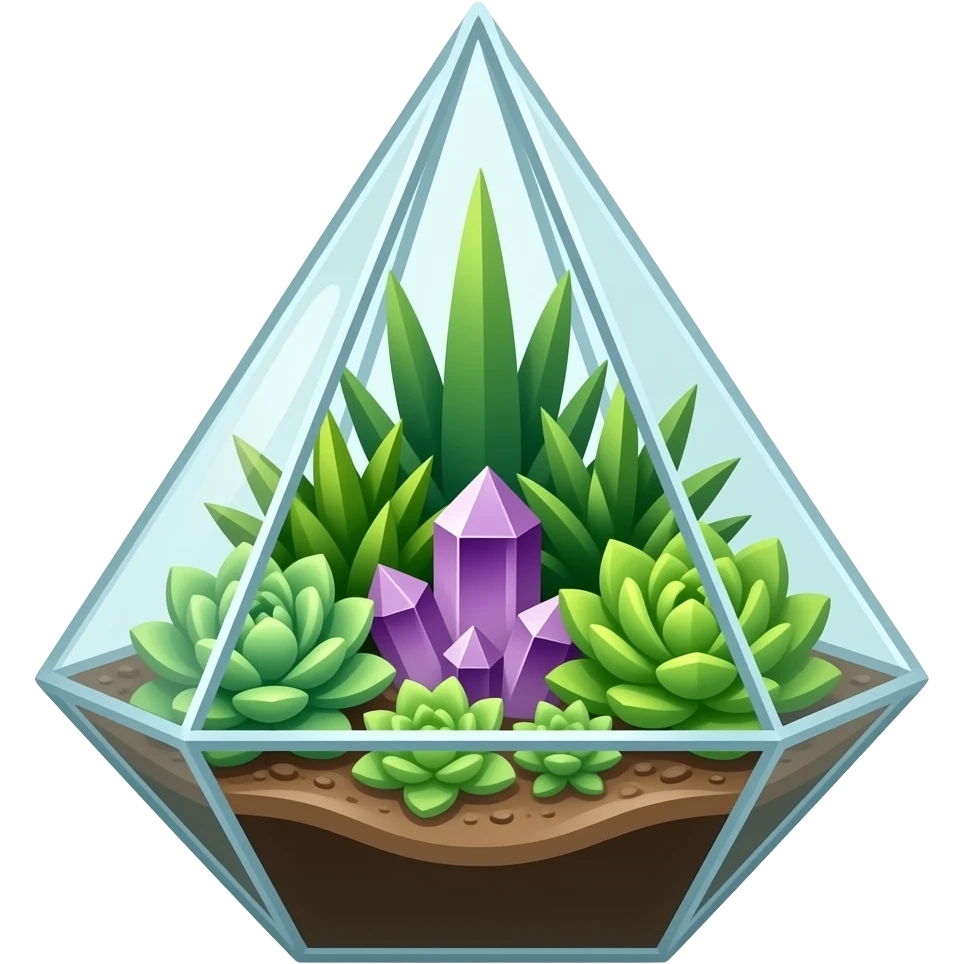 succulent geometrical terrarium with amethyst cluster inside emoji