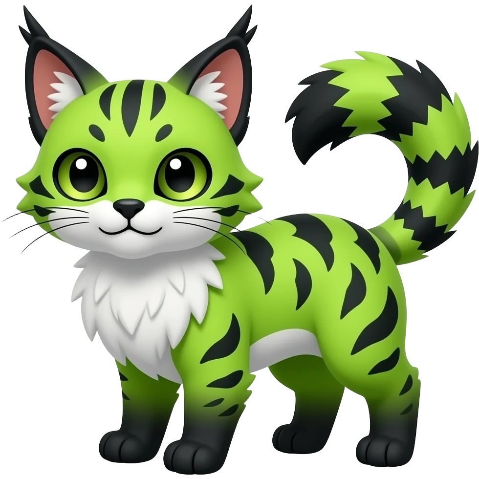 Cute kawaii cool edgy badass neon-green fur with obsidian-onyx-black points and snowy-white belly fantasy-caracal-civet-genet-sergal-vernid-Gryphon-Cacomistle-Trico-oncilla-animal-Fakémon-hybrid-fursona (full body), facial markings, (realism style) emoji