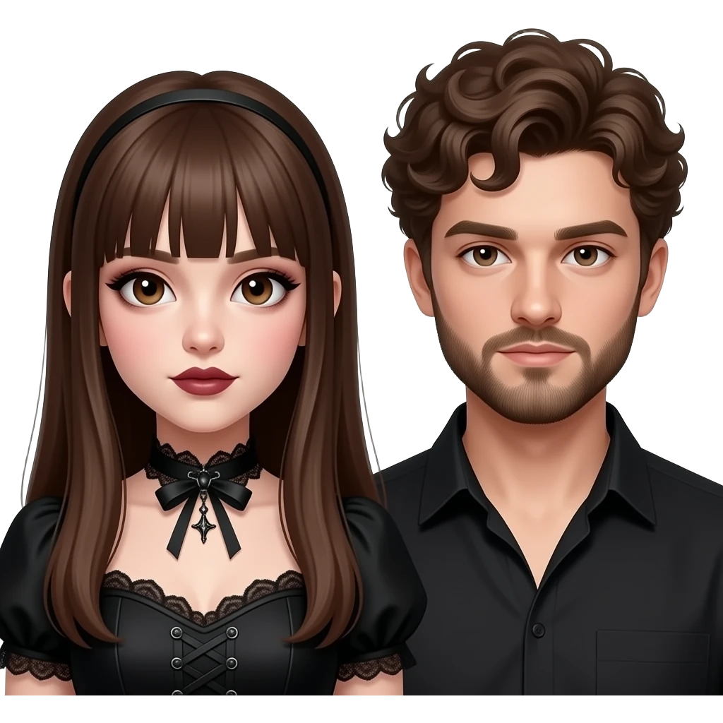realistic pretty pale skin long straight brown hair girl brown eyes long face wearing gothic dress and gothic makeup HD and her boyfriend short brown curly hair and beard emoji