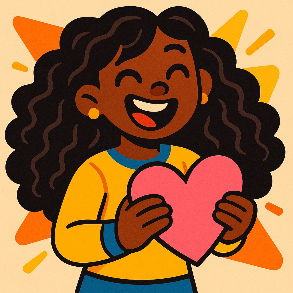 A cute black girl with long curly hair holding a pink heart, vibrant toon style, bright and lively colors, dynamic and fun emoji