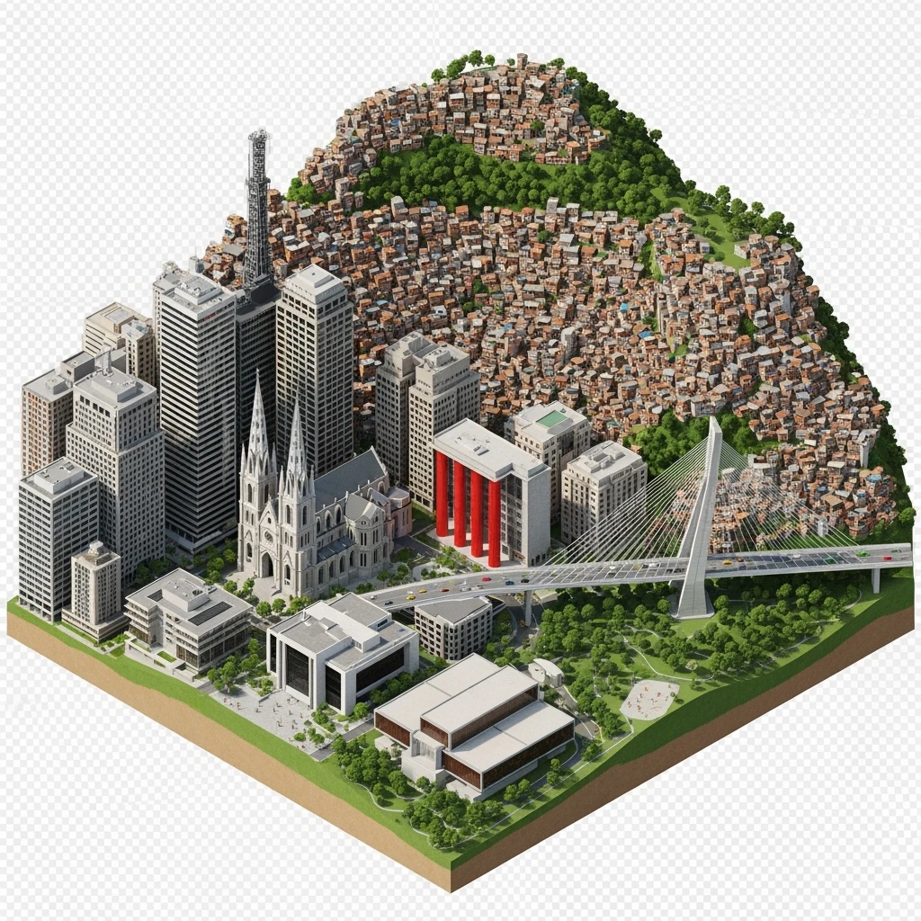 Isometric miniature of São Paulo Catedral da Sé, MASP on red pillars, Octávio Frias Bridge, and Altino Arantes building, favelas on hillsides, dense chaotic urban blocks, and green parks 3D miniature effect and Tilt Shift effect, no cartoonish look, transparent background. emoji