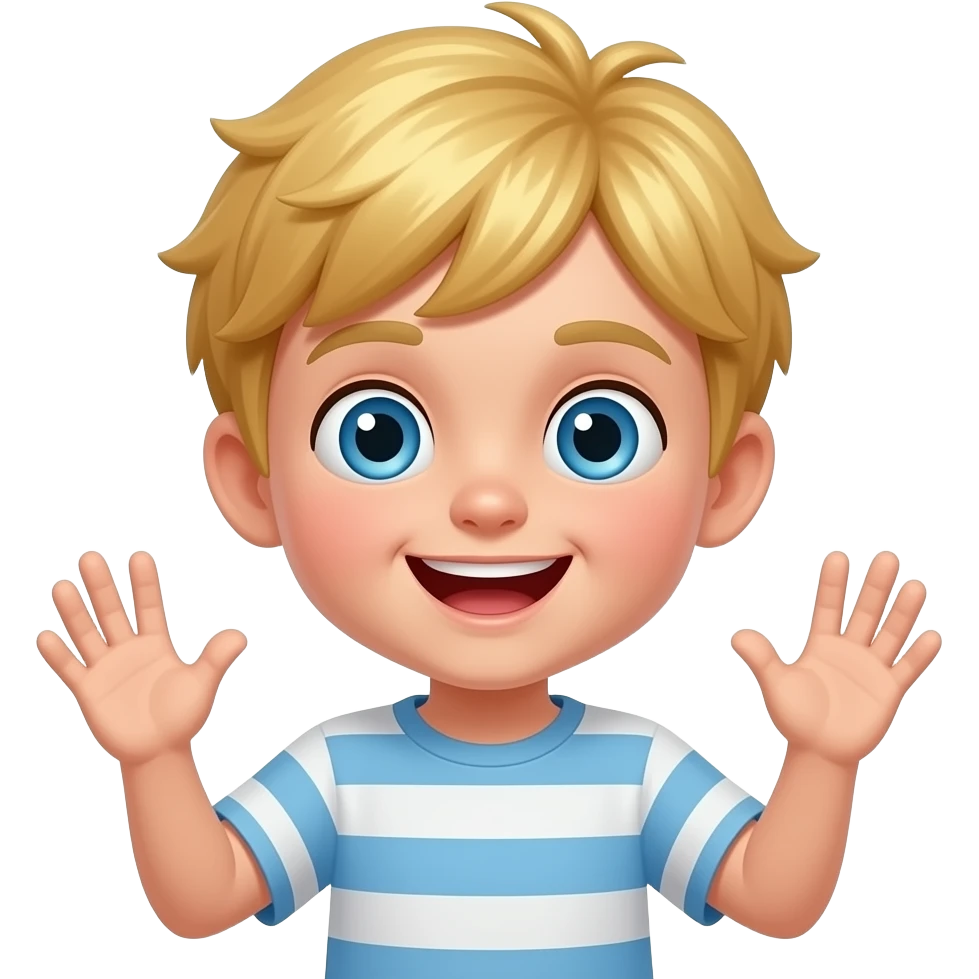 Um menino cabelo loiro e  cabelo grande com boca aberta com olho azul mexendo a mao pra cima e pra baixo as duas emoji