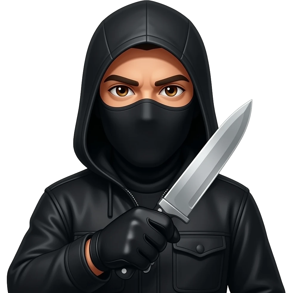 Spanish Man brown eyes wearing all black in balaclava hood and gloves with knife emoji