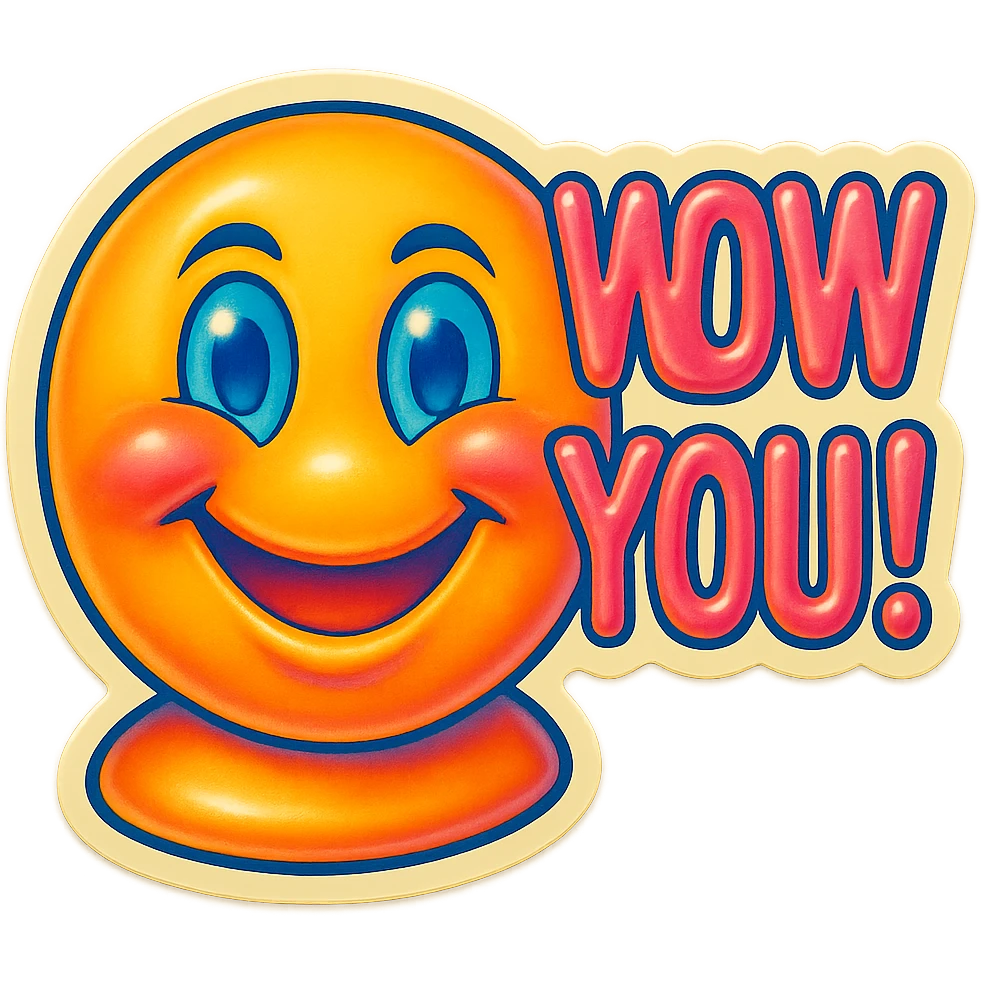 excited smile with mouth closed add the words W You! in pink emoji