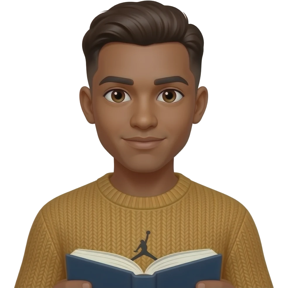 make me a 22 year old brown skin colored man with a thick brown low taper fade with a jordan tan swearshirt and he has a book infront of him looking at me sitting at a table and i can only see his higher half emoji