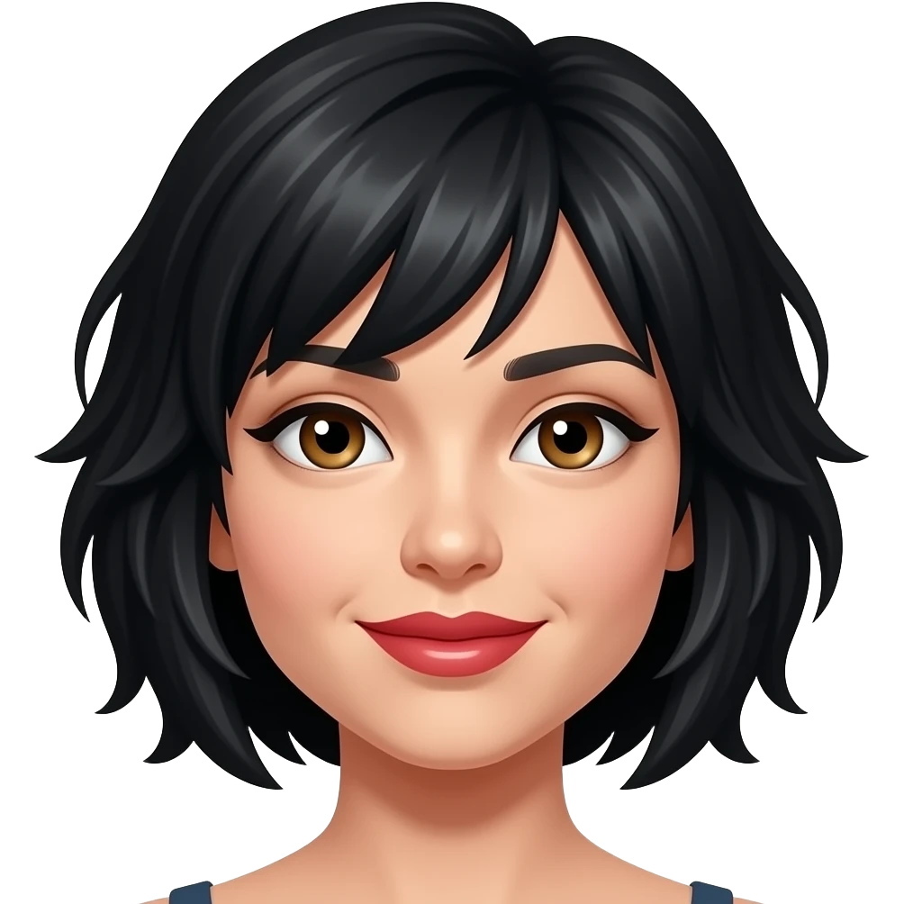 White chick with dark brown eyes with a black short tousled haircut with extremely thin lips with red lipstick emoji