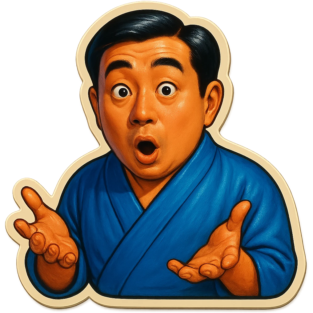 The same Japanese man in traditional kimono looks at the viewer with a surprised look, and his hands are empty emoji