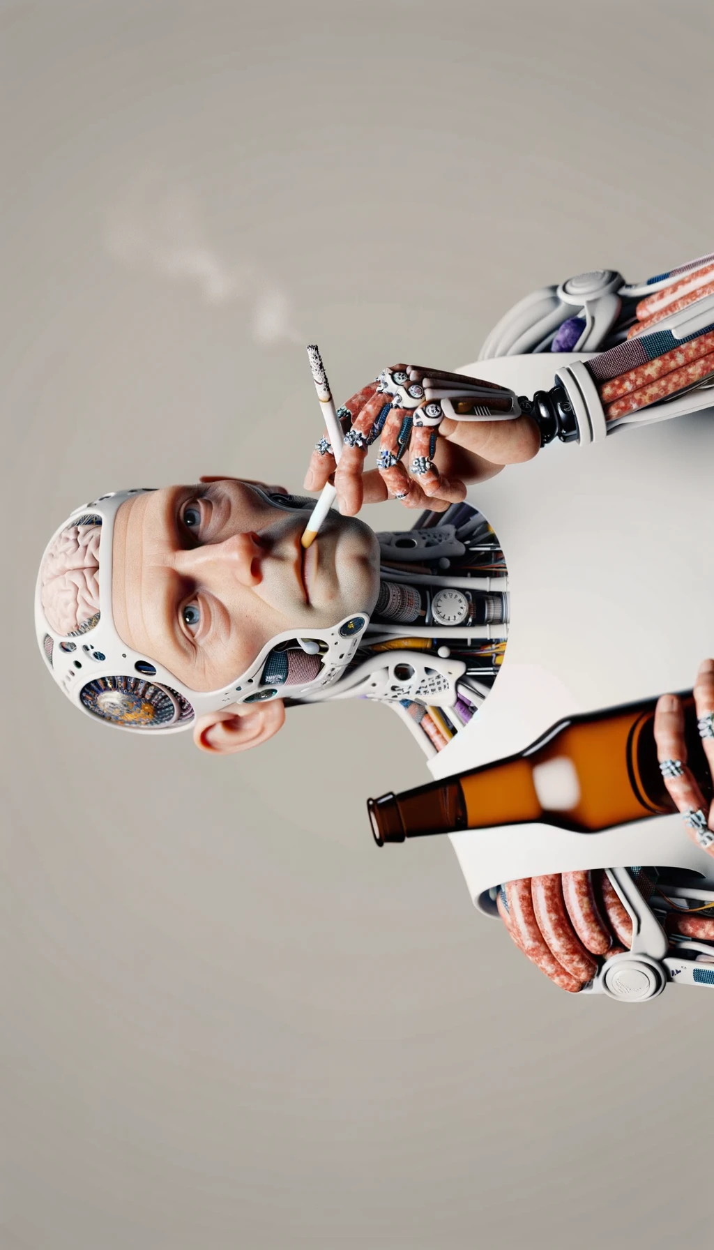 CORPO UMANO ANATOMICO TIENE UNA SIGARETTA IN BOCCA E STA FUMANDO MENTRE TIENE TRA LE BRACCIA UNA BIRRA E WURSTEL CONFEZIONATI, LI GUARDA CON ESPRESSIONE INDECISA IN VOLTO, NEUTRAL CLEAR BACKGROUND, iperrealistico 4k emoji