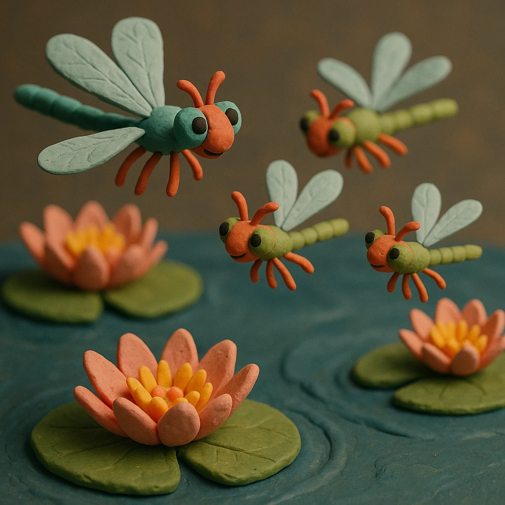 claymation style dragonfly family flying in a circle above water lilies, colorful and whimsical, soft lighting emoji