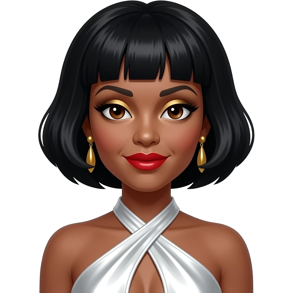 Eartha Kitt with dark brown eyes, black bubble bob hair, gold eyeshadow, red lipstick, white metallic halter dress, earrings emoji