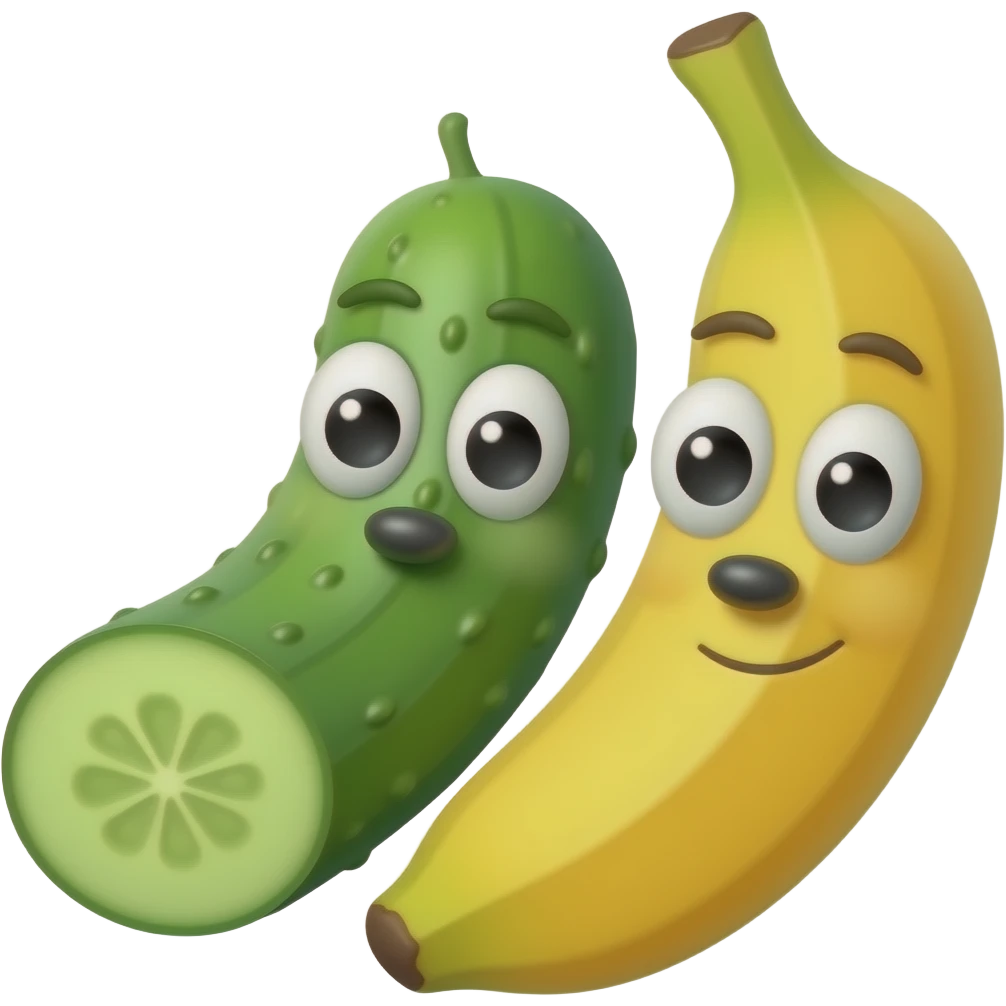 Un plátano con ojos y nariz y un pepino én la emoji