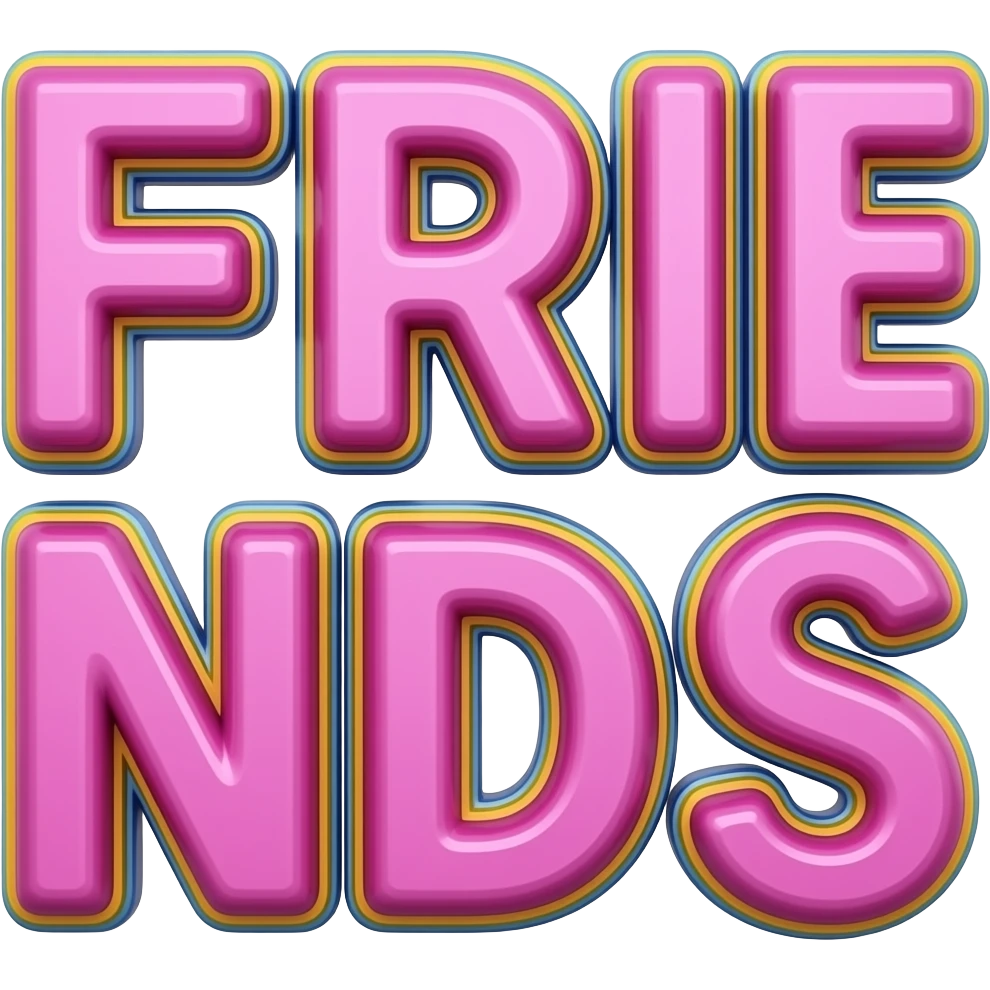 name "friends" in fuchsia pink, 3D style typography lettering, each color of the rainbow as a border outlined around each letter, isolated, 3d rendering, no emoji icons no emoji faces and must have no human figures emoji