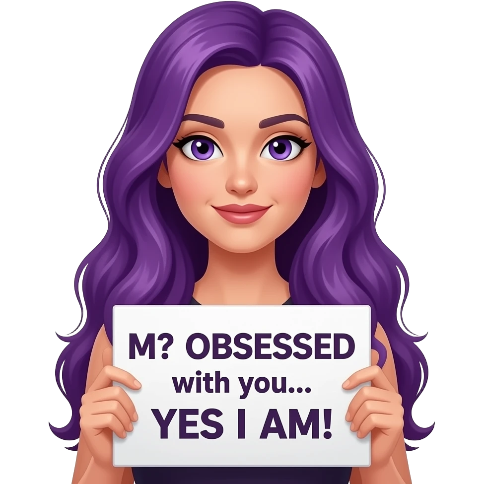 sexy girl with long purple hair and purple eyes holding a M? OBSESSED with you... YES I AM! sign emoji