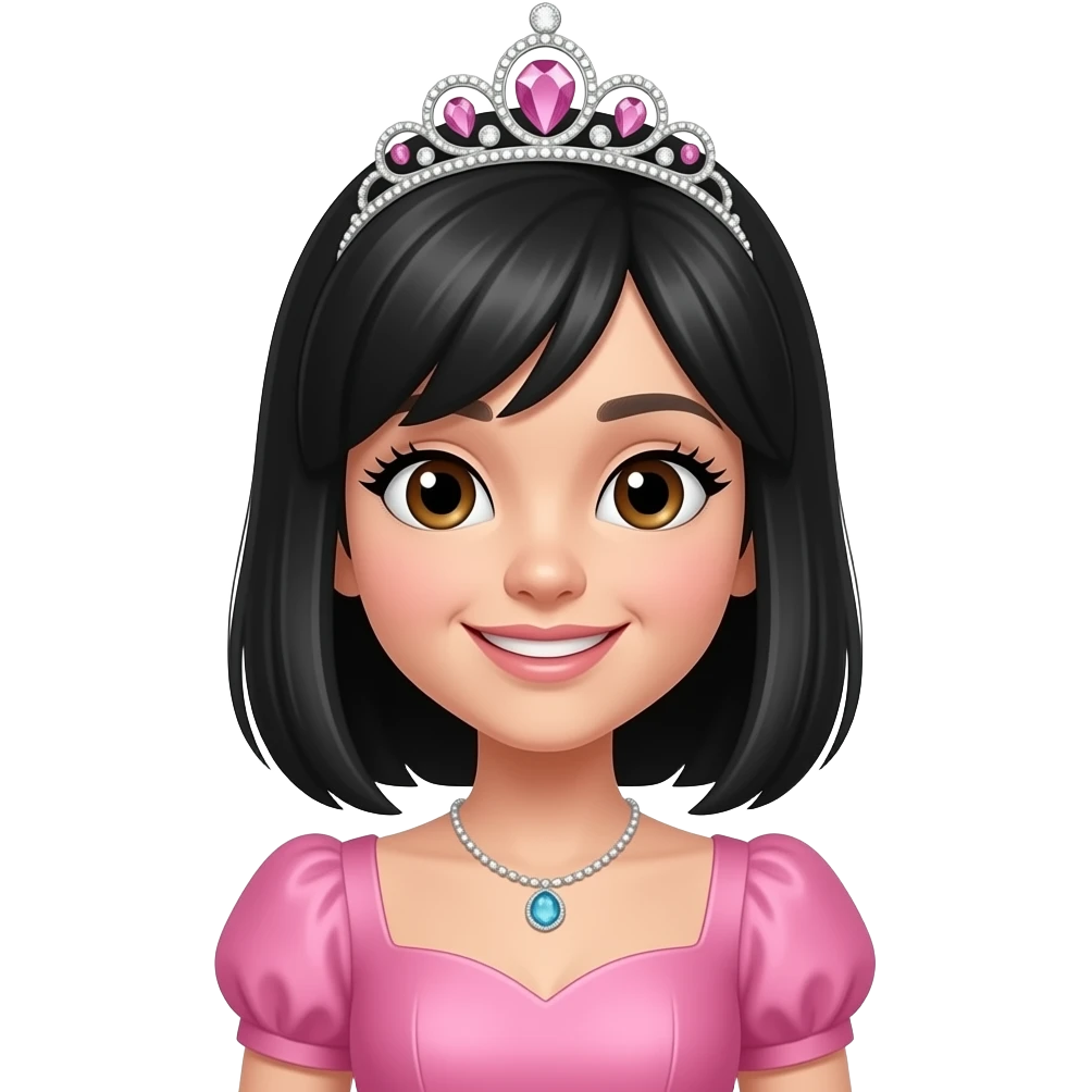 Gere um emoj de uma linda princesa de pele clara,cabelo médio na altura do ombro,liso,preto, olhos castanhos,orrindo. Ela possui cilios grandes com extensao de cilios, ela esta vestida com um vestido rosa, e uma linda coroa de diamantes  cabeça. Ela aparenta ter mais ou menos 20 anos emoji