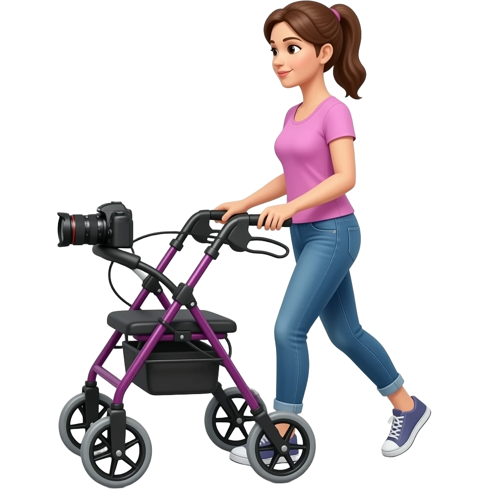 vrouw met fotocamera achter sportieve outdoorrollator lopen,rollator sportiever uiterlijk geven emoji