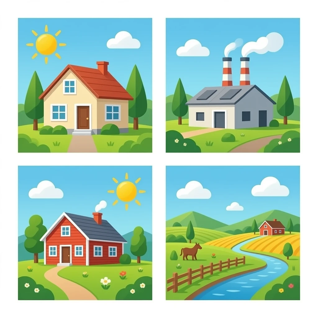 Collage of a house, factory, farm, plot emoji