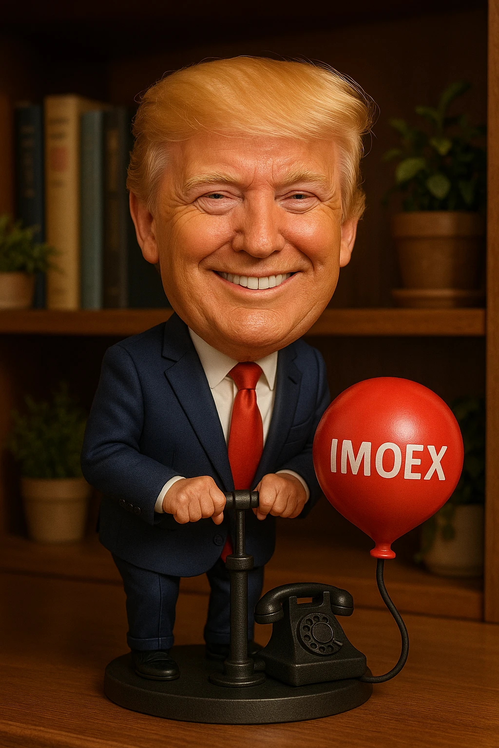 Дональд Трамп  улыбается в поте лица качает через насос в виде старого телефонного аппарата, который подключен к надувающемуся красному шарику, который символизирует фондовый рынок и на нём написано IMOEX emoji