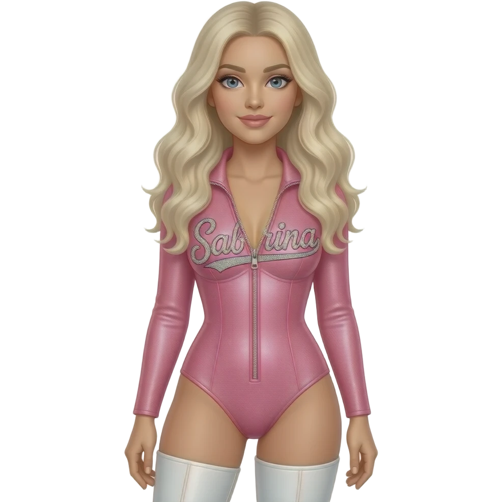 Sabrina Carpenter platinum blonde hair wearing a bubblegum pink sparkling bodysuit with a zipper and Sabrina written across it in rhinestones. She is wearing white leather boots emoji
