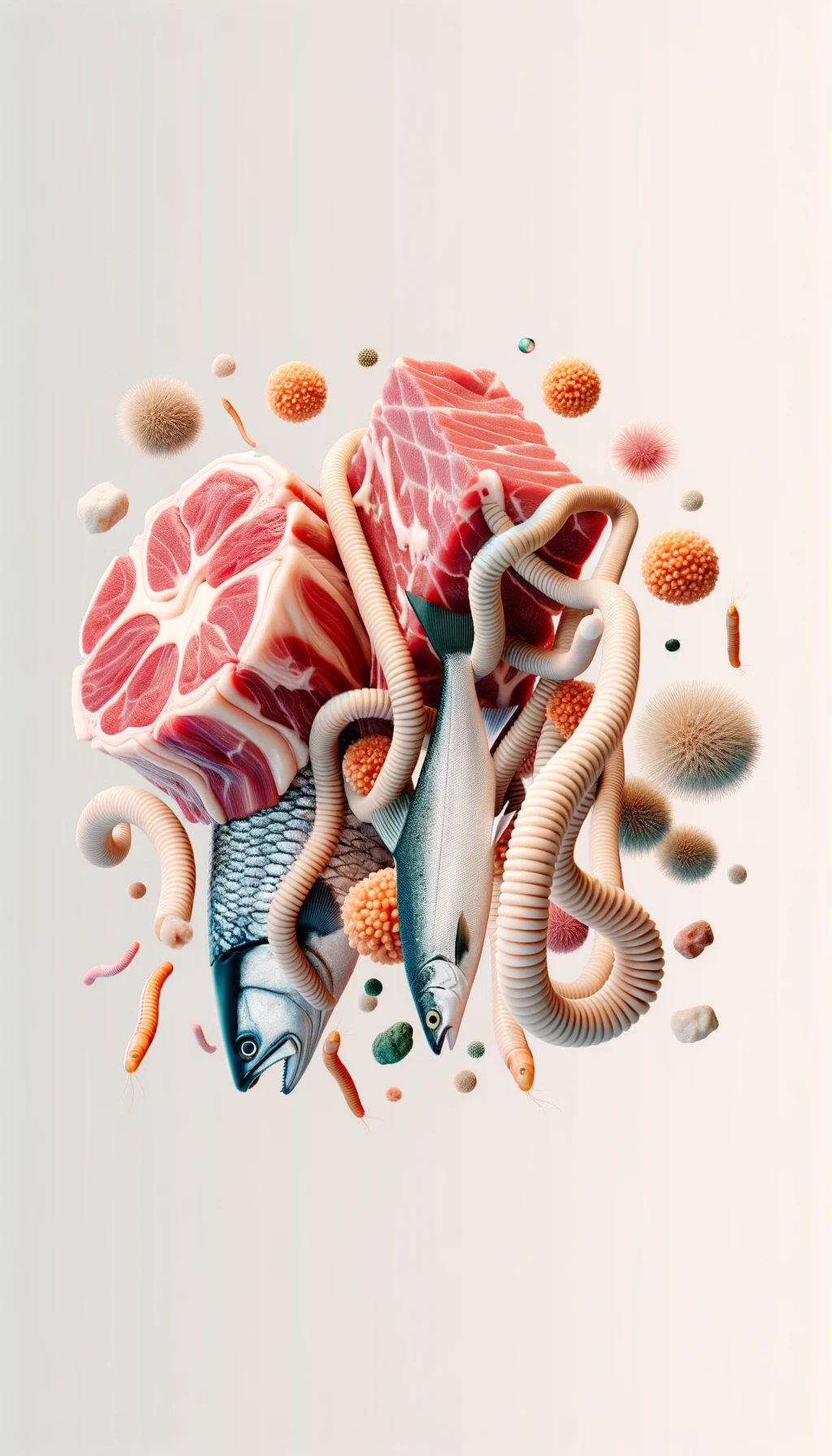 carne cruda fluttua insieme a pesce crudo (tipo sushi), intorno a loro fluttuano vermi lunghi e beige chiaro, sfondo neutro chiaro, iperrealistico 4k emoji