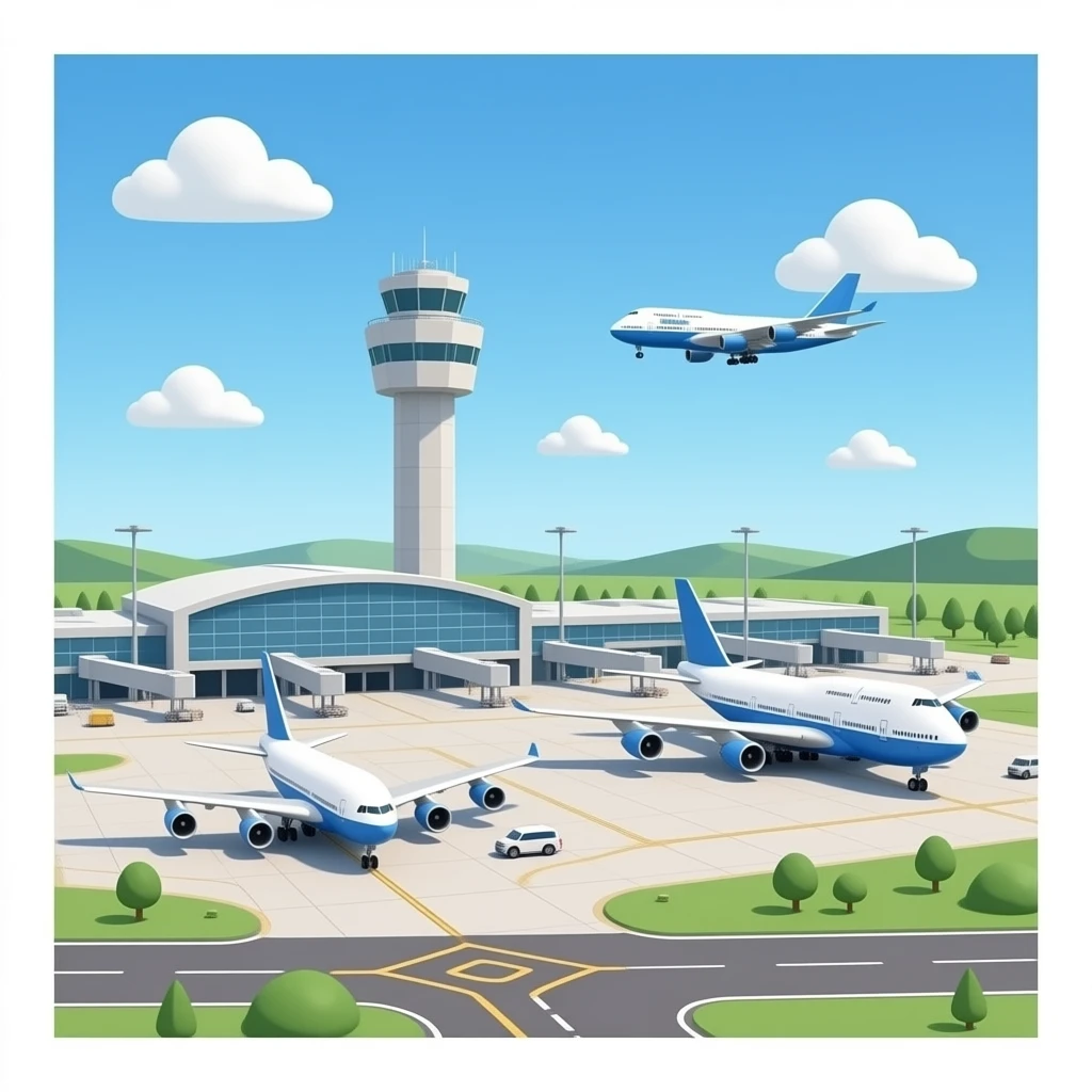 huge 3D airport terminal with big b747 and a380 planes and big ATC tower with no background and white borders emoji