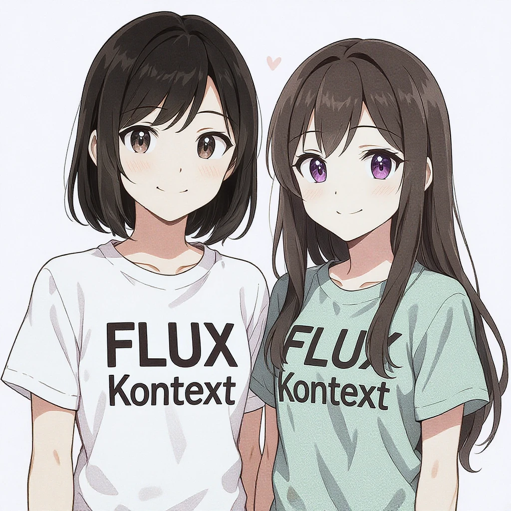 make a image of a girl with a anime version of that girl beside her wearing tshirt with text of FLUX Kontext emoji